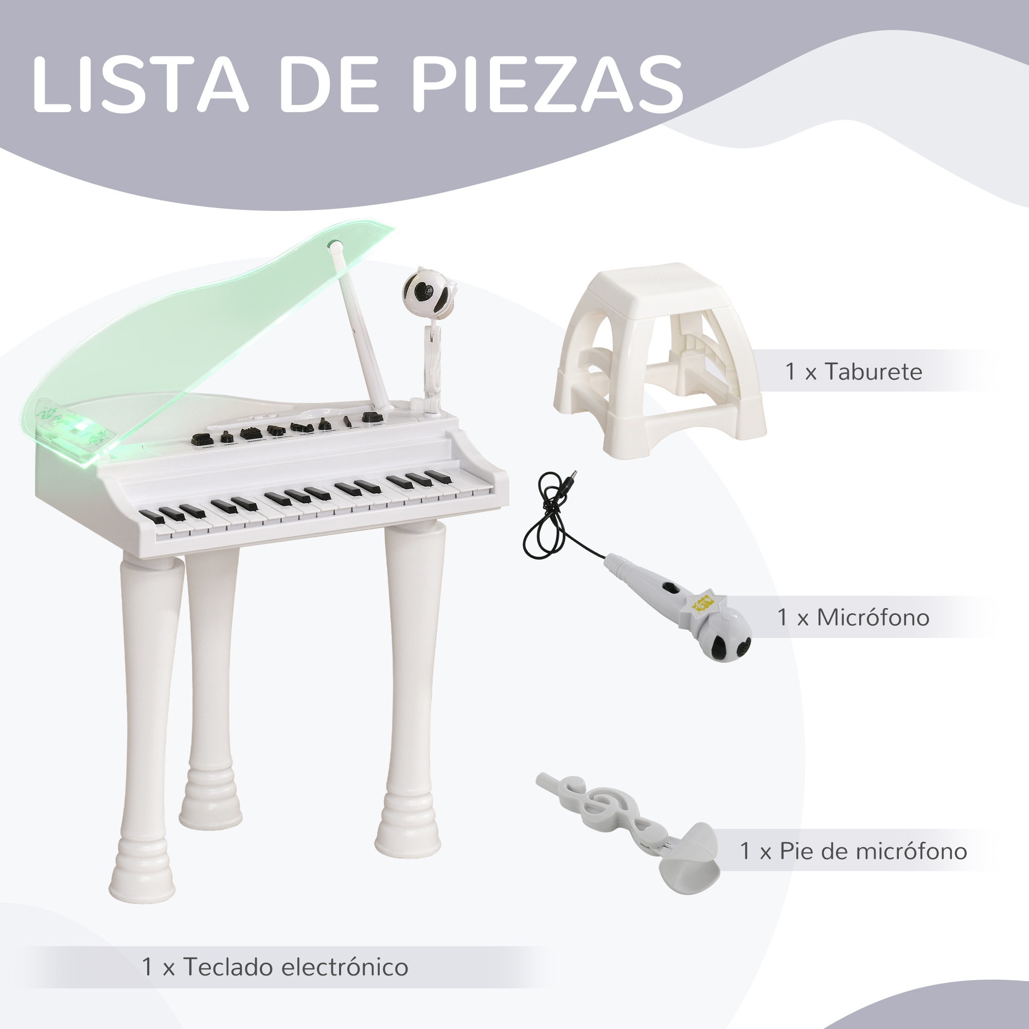 Piano de juguete blanco con micrófono, taburete y accesorios, etiquetado con texto sobre un fondo claro.