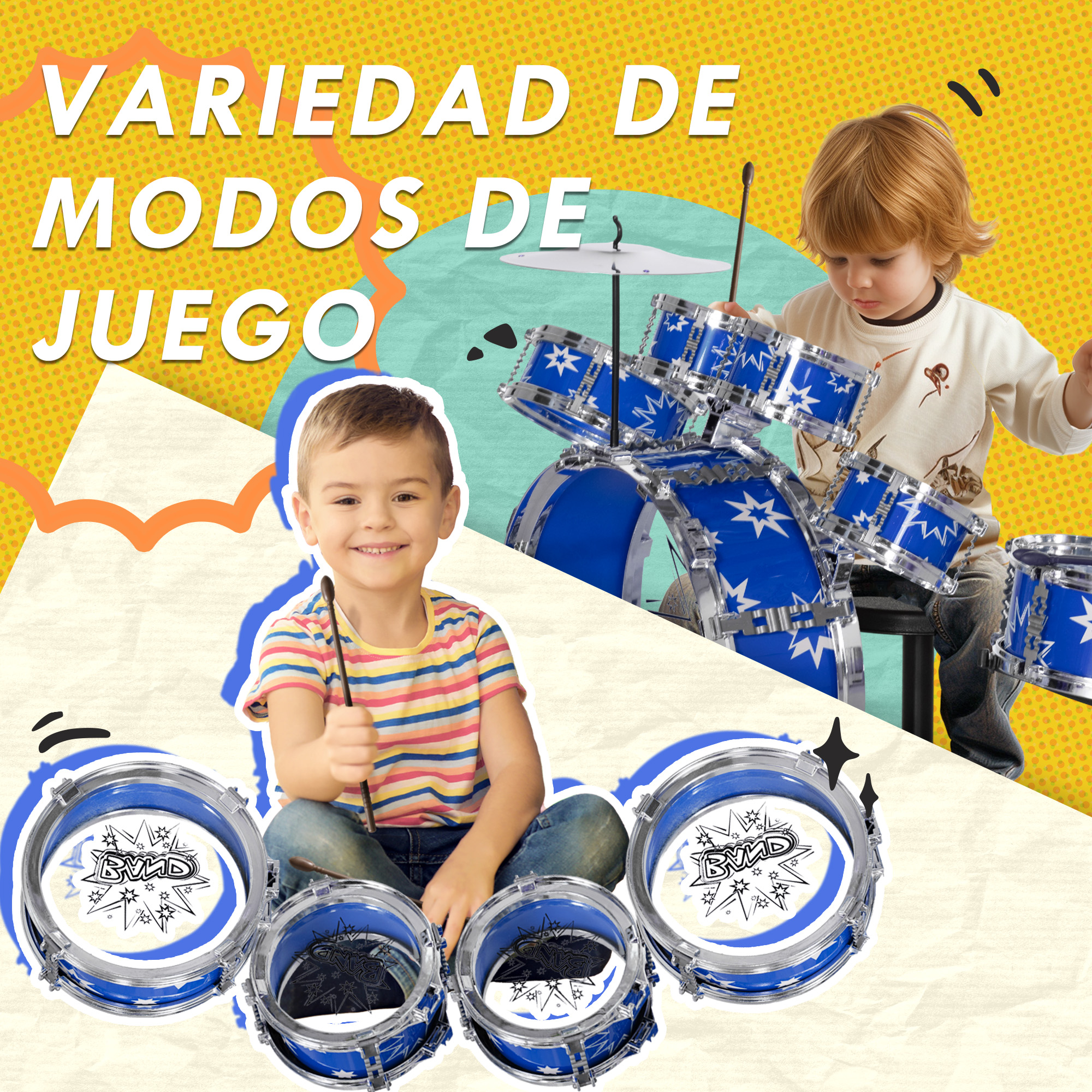 Dos niños tocando tambores de juguete. Texto en español: 'Variedad de modos de juego'.