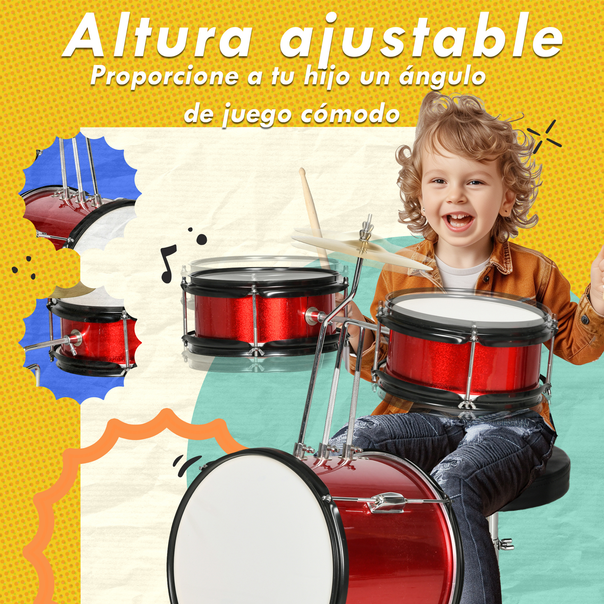 Un niño juega con una batería de juguete roja, con texto en español.