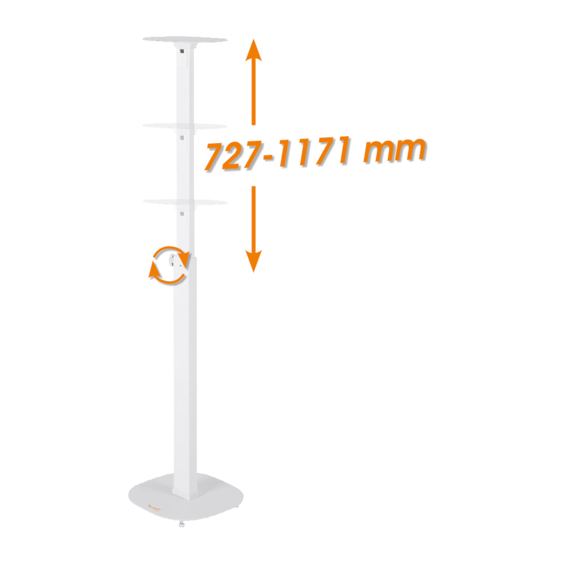 Ein weißer, verstellbarer Displayständer mit Größenangaben: 727-1171 mm.