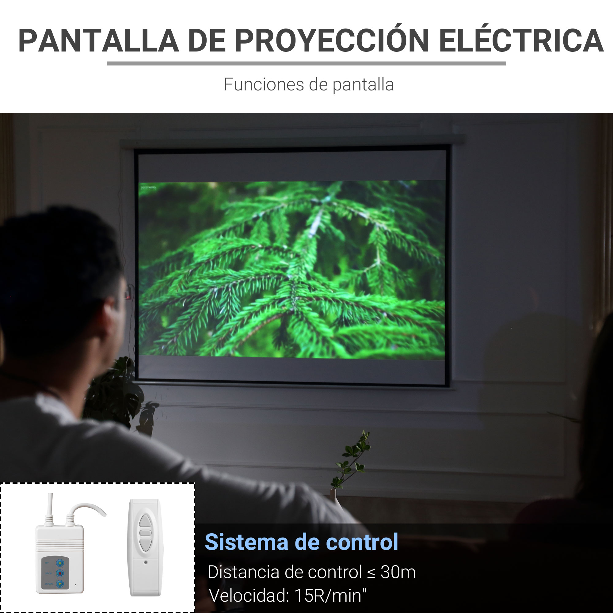 Personas ven una imagen proyectada en una pared. Se muestra un mando a distancia y un cable de alimentación.