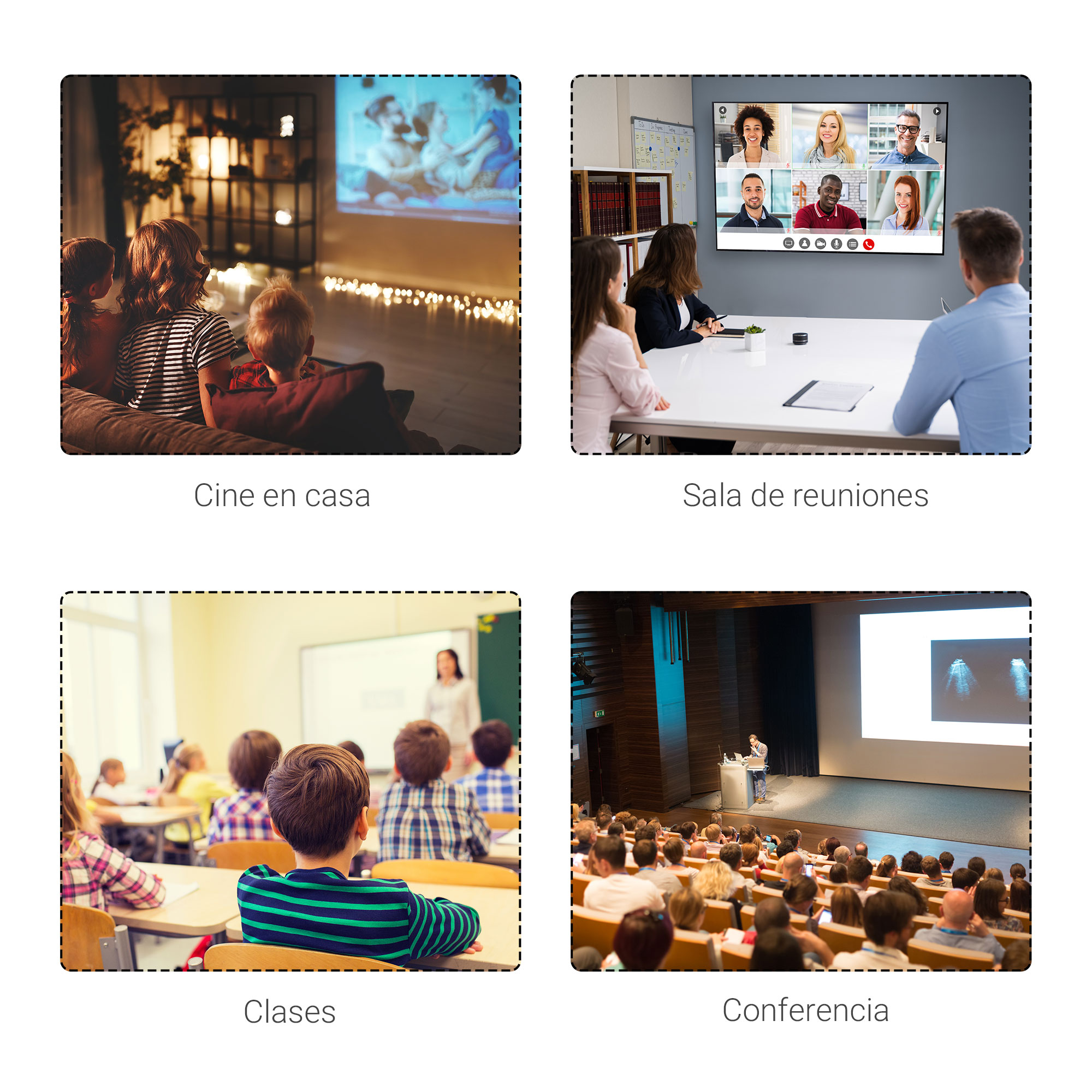 Un collage de cuatro imágenes: cine en casa, sala de reuniones, aula y conferencia con gente.