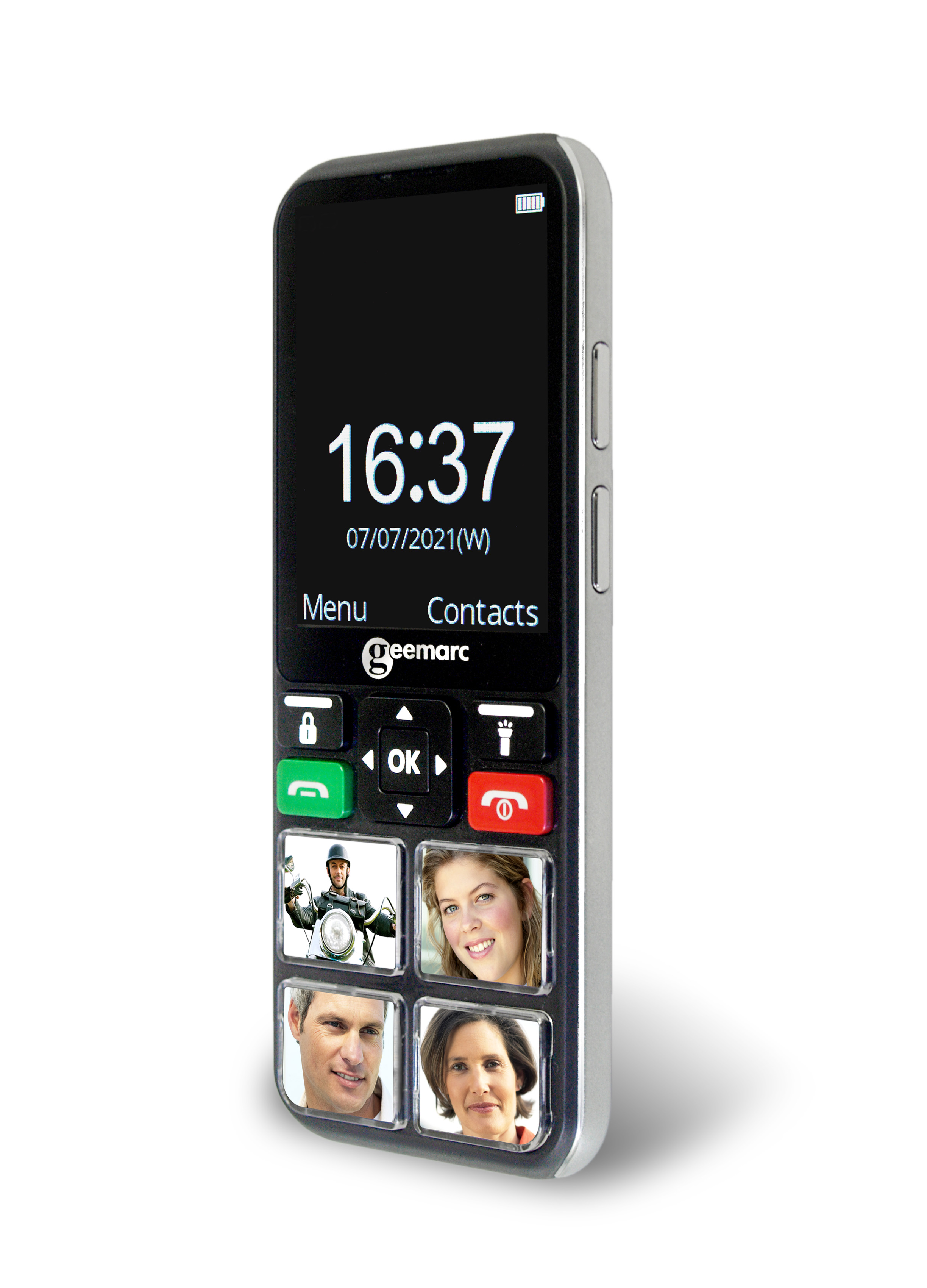 Senior-friendly phone with large buttons, four photo contacts, time displayed, and a silver frame.