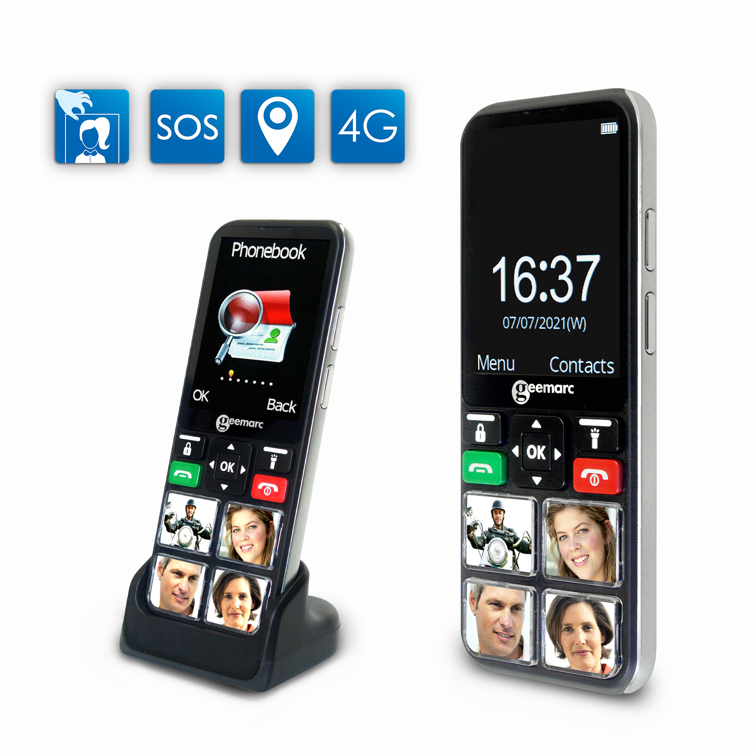 Two phones: One with a screen showing photos, the other showing a clock and icons.