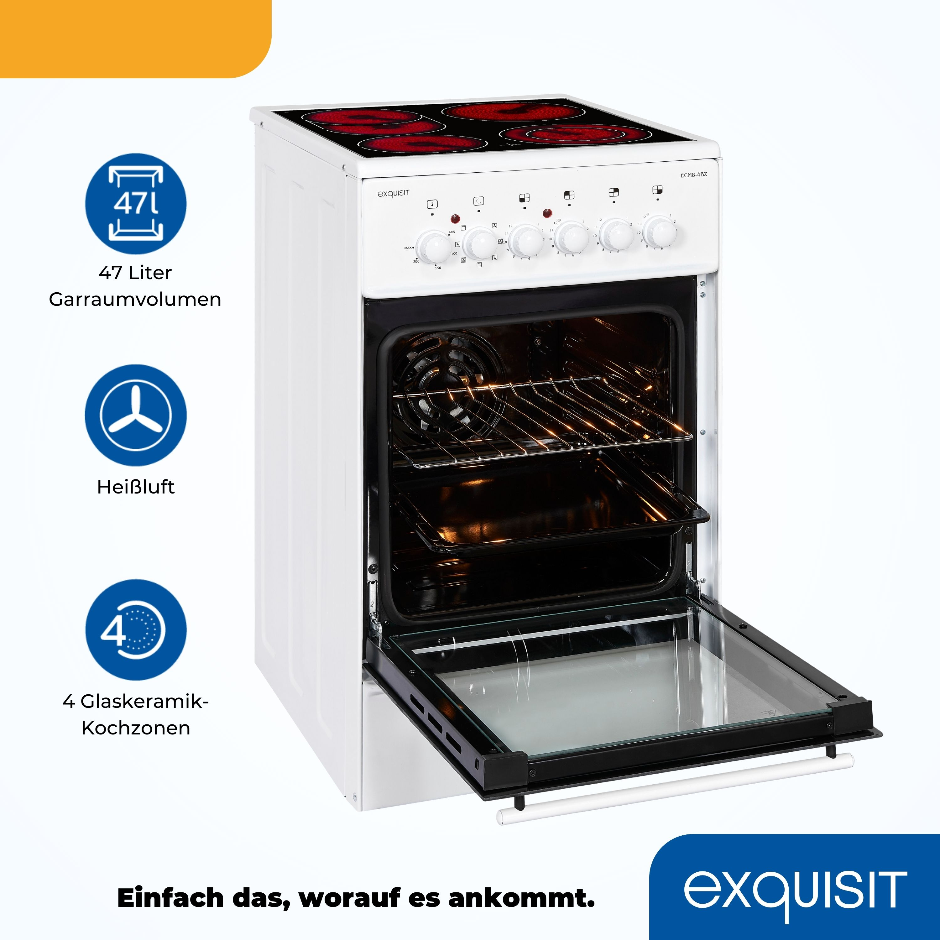 Ein weißer Elektrobackofen mit offener Tür, der Innenraum und Heizelemente zeigt. Text vorhanden.