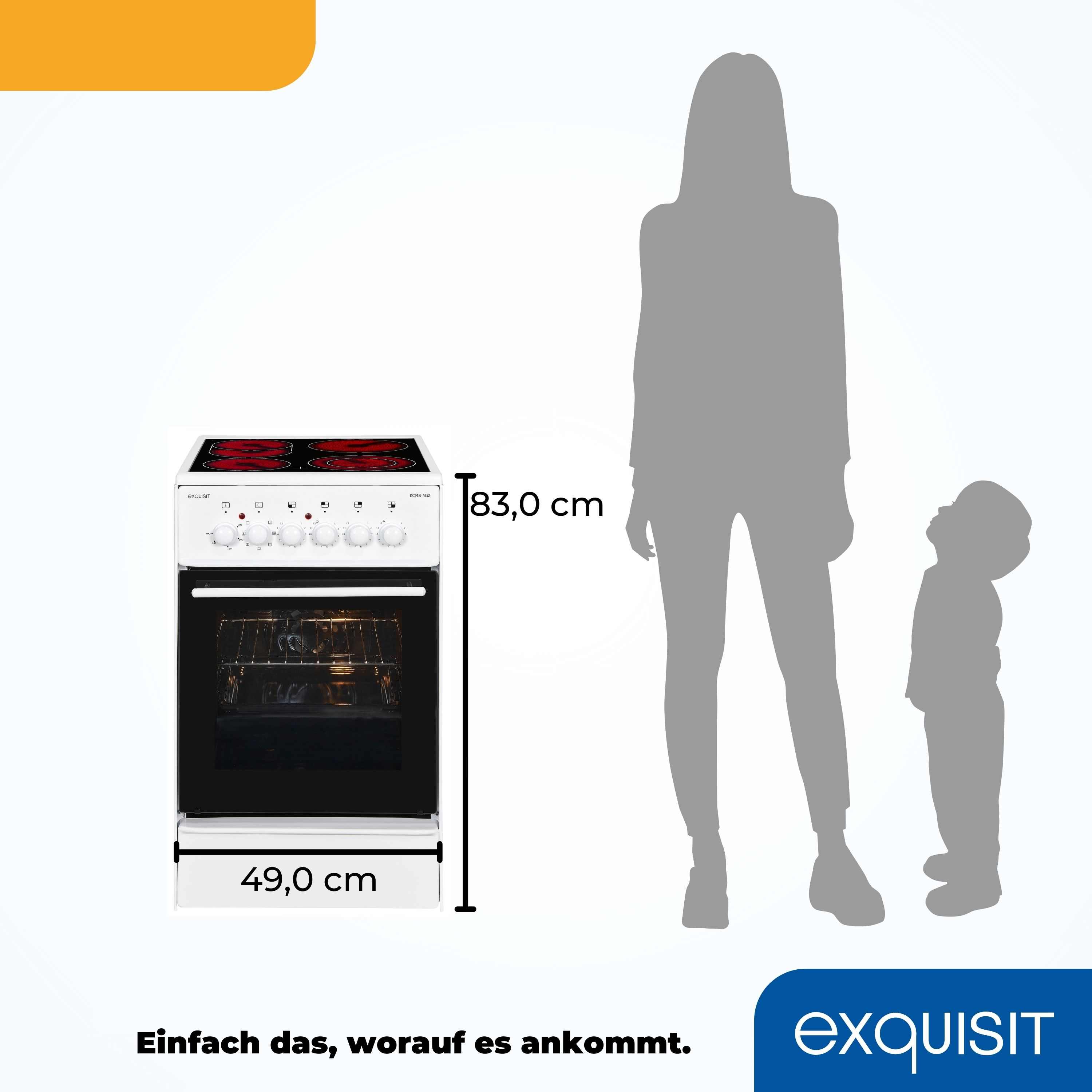 Weißer Ofen mit schwarzer Platte, daneben eine Person und ein Kind.