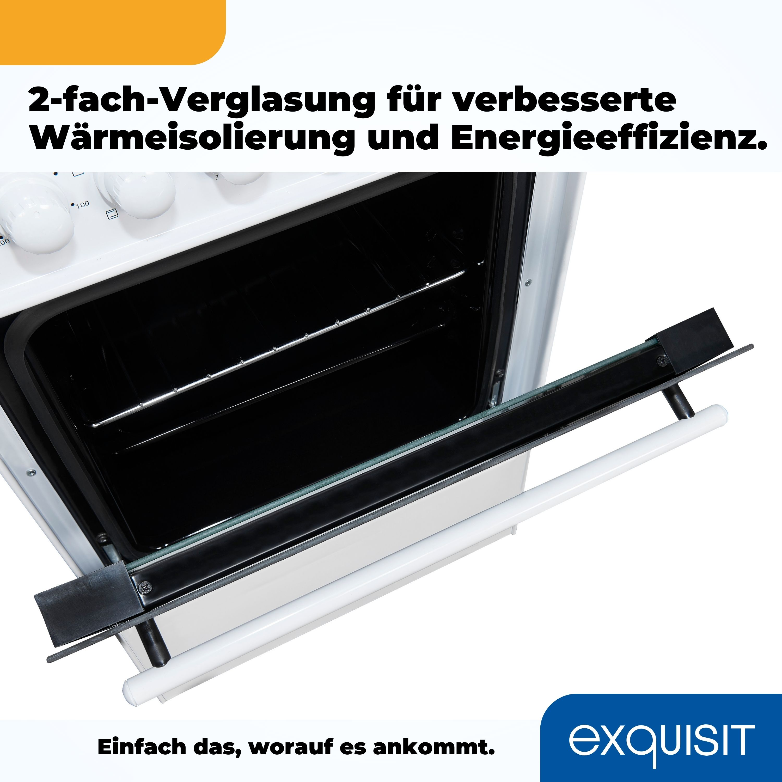 Ein weißer Ofen mit geöffneter Tür. Text auf Deutsch wird oben und unten im Bild angezeigt.