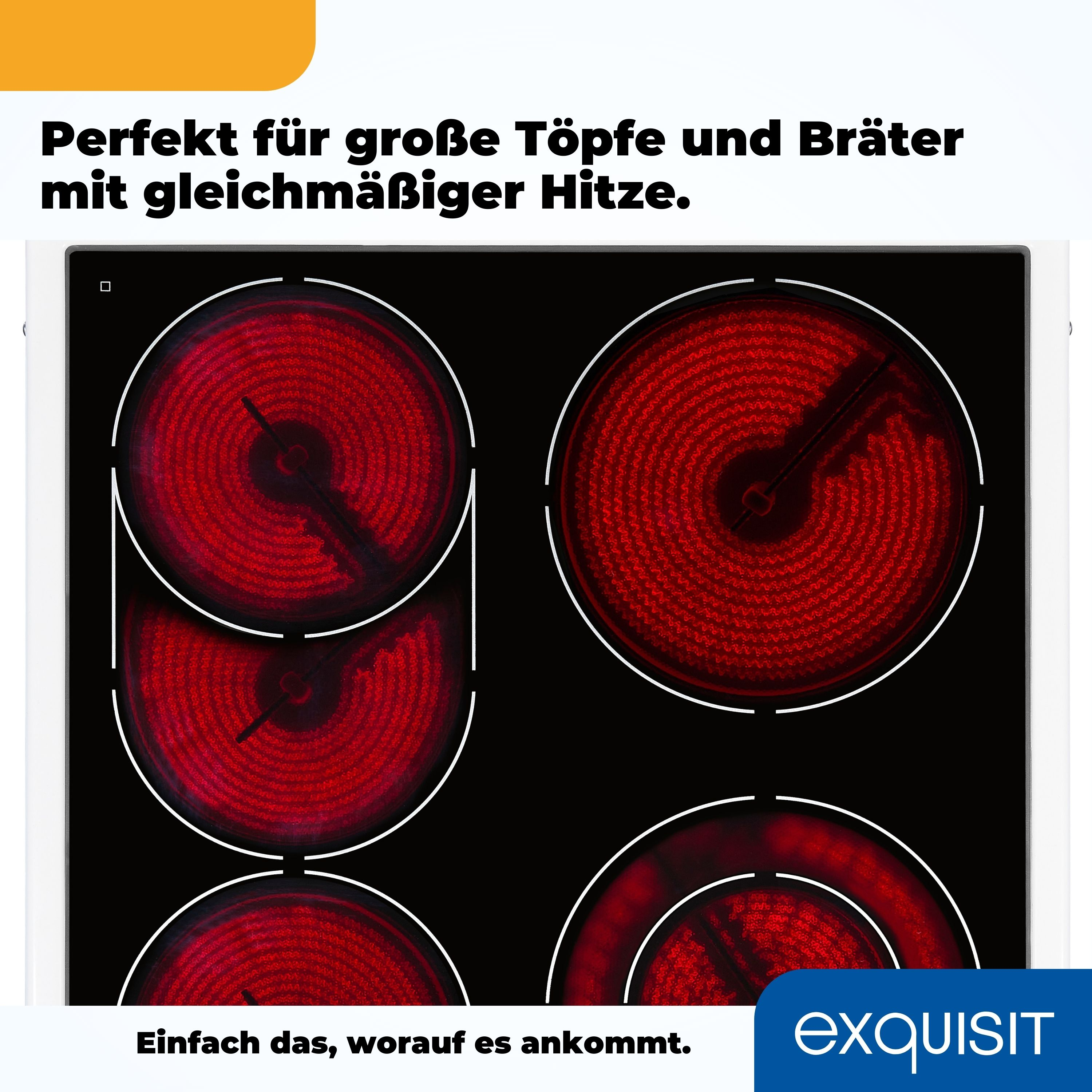 Schwarzes Kochfeld mit vier roten Heizelementen. Text: "Perfekt für große Töpfe und Bräter mit gleichmäßiger Hitze".