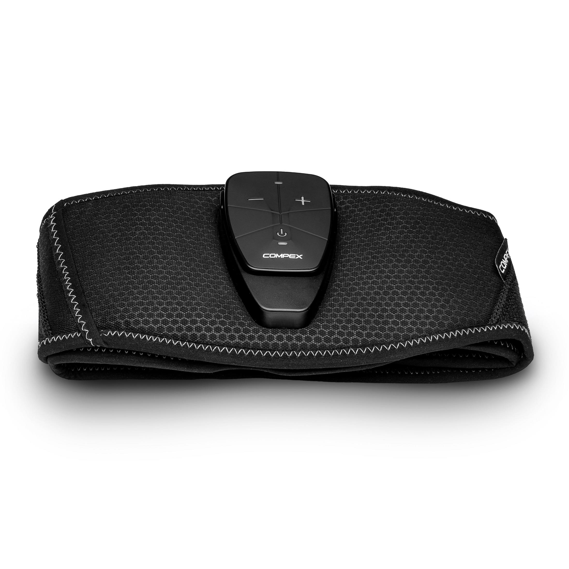 Schwarzer Fitnessgürtel mit Bedienfeld oben.