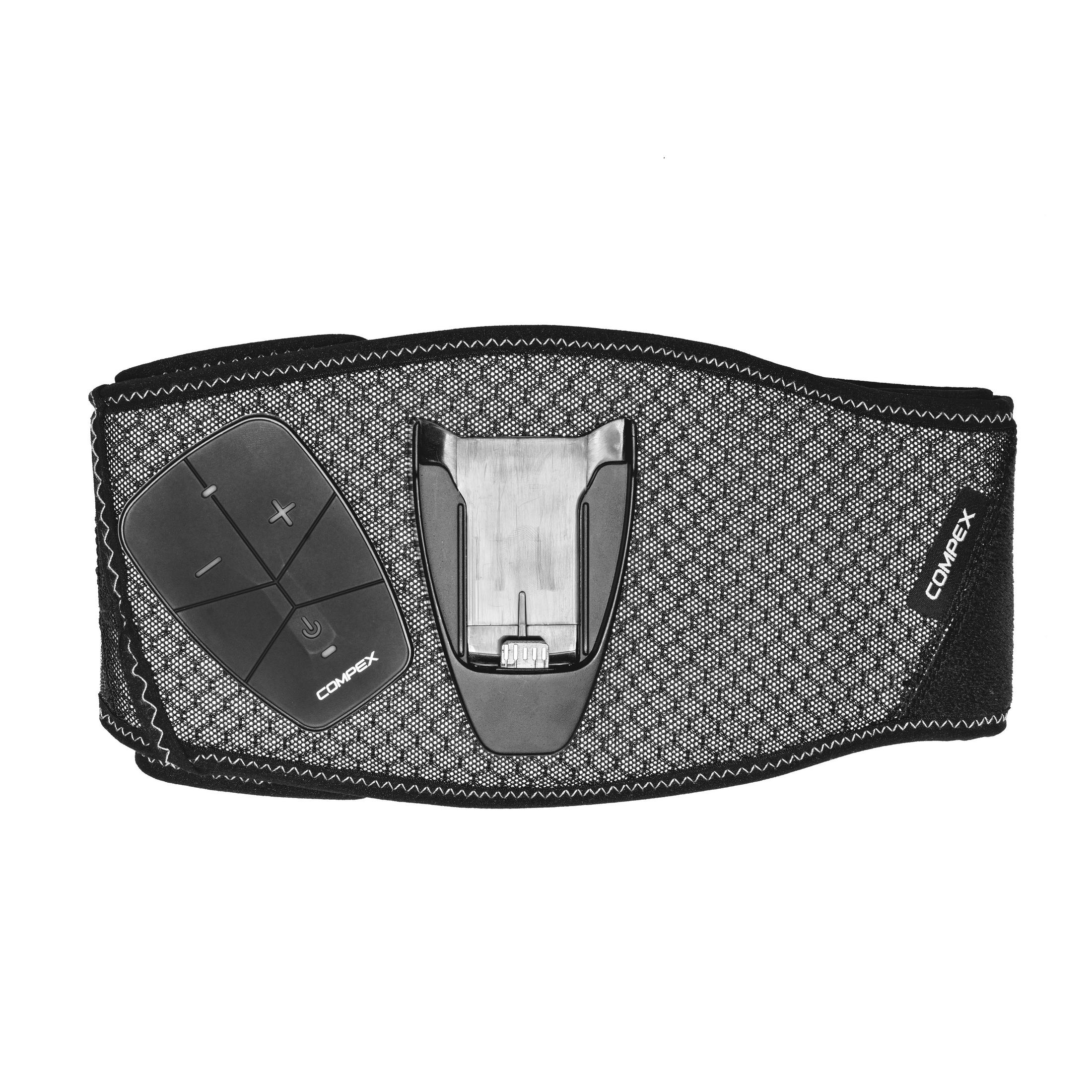 Schwarzes Compex-Gerät zur Muskelstimulation, mit Knöpfen und zentralem Clip.