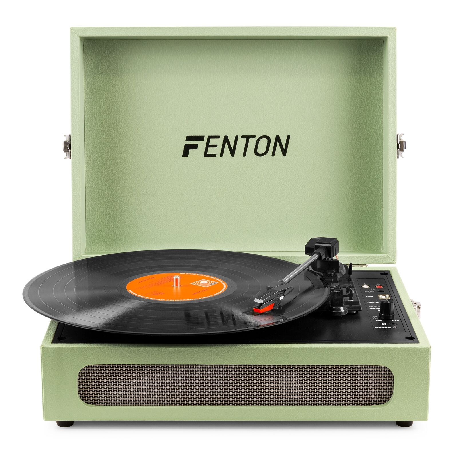 Un tocadiscos verde con un disco de vinilo negro reproduciéndose. Tiene un logotipo de FENTON.