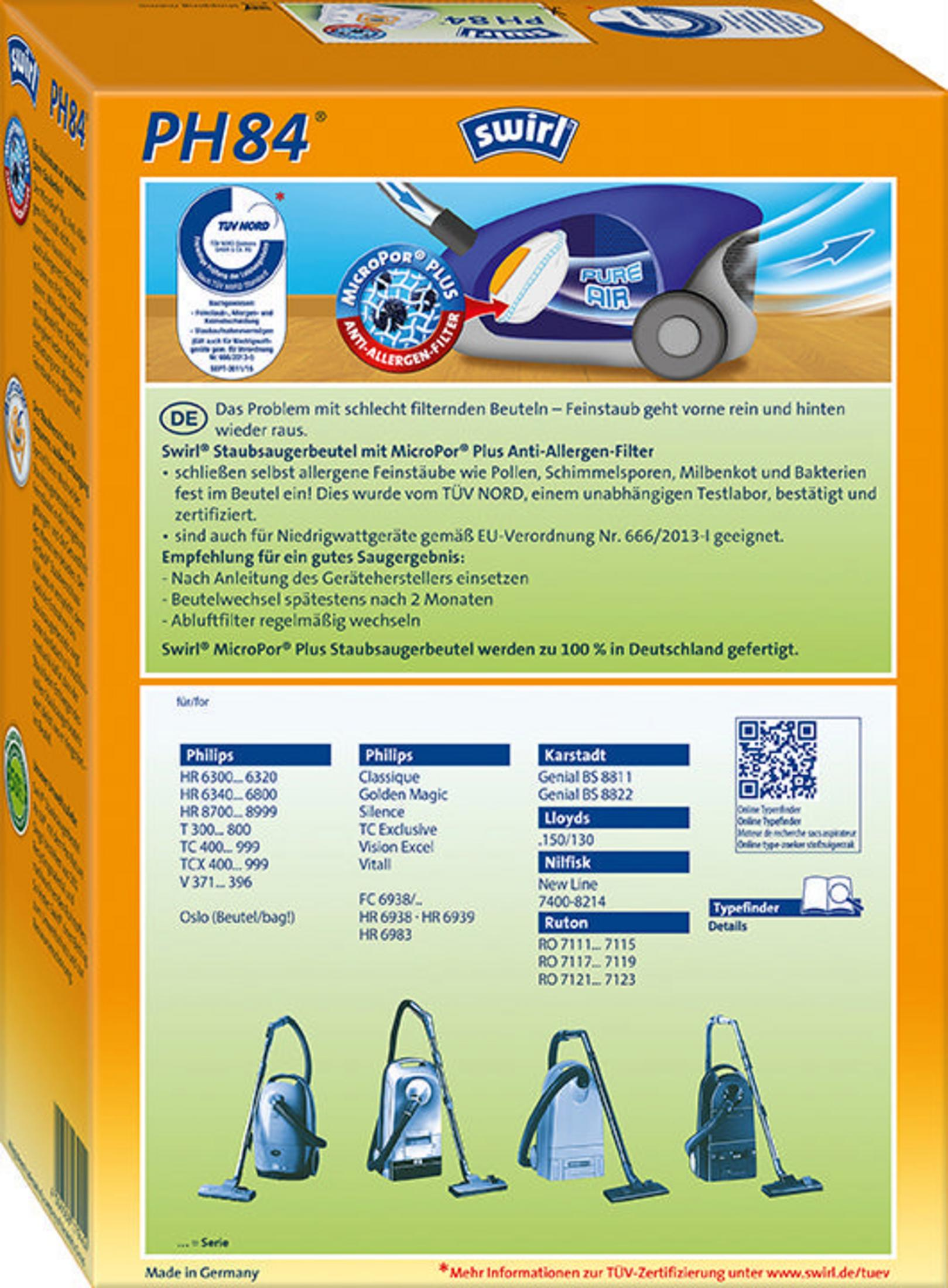 Schachtel mit Swirl PH84 Staubsaugerbeuteln mit detaillierten Texten und Illustrationen.