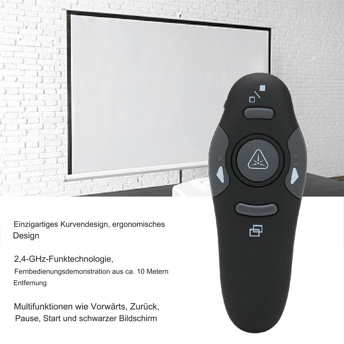 Schwarze Fernbedienung für Präsentationen, mit Tasten und Laserpointer.