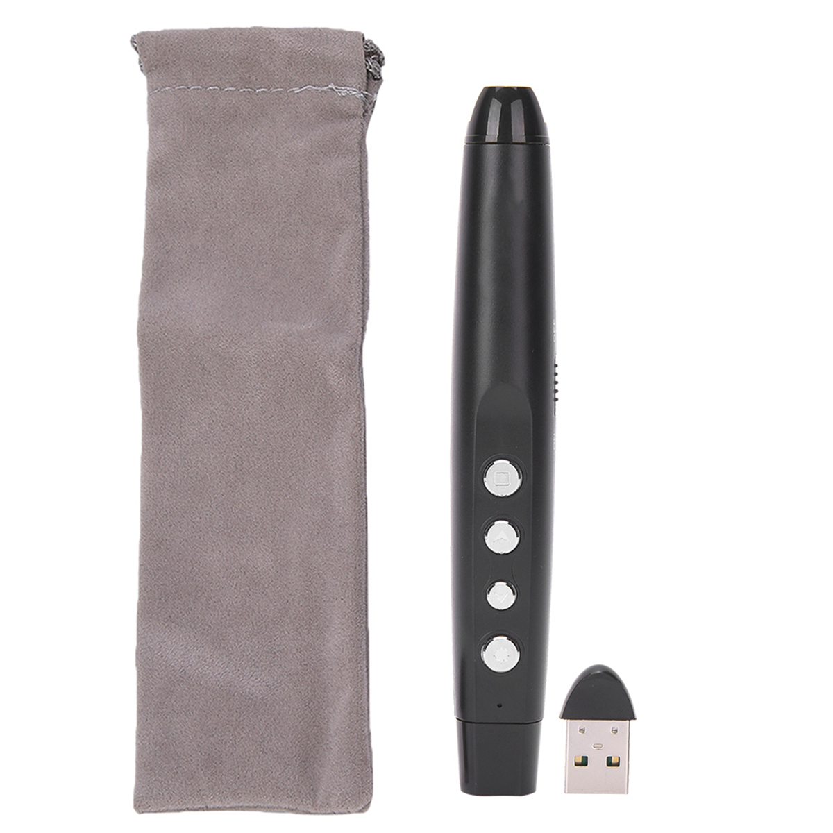 Schwarze Präsentationsfernbedienung mit Tasten, USB-Empfänger und einem grauen Beutel.