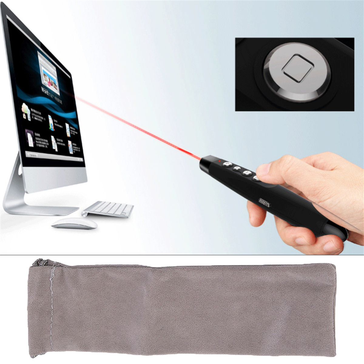 Präsentationsgerät, roter Laserpointer, Computerbildschirm im Hintergrund.