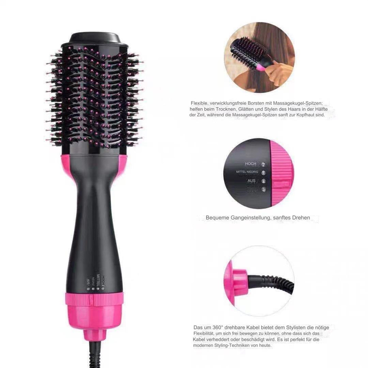 Haarstyling-Tool mit schwarzem und rosa Design. Hat mehrere Bürstenköpfe und Steuertasten.