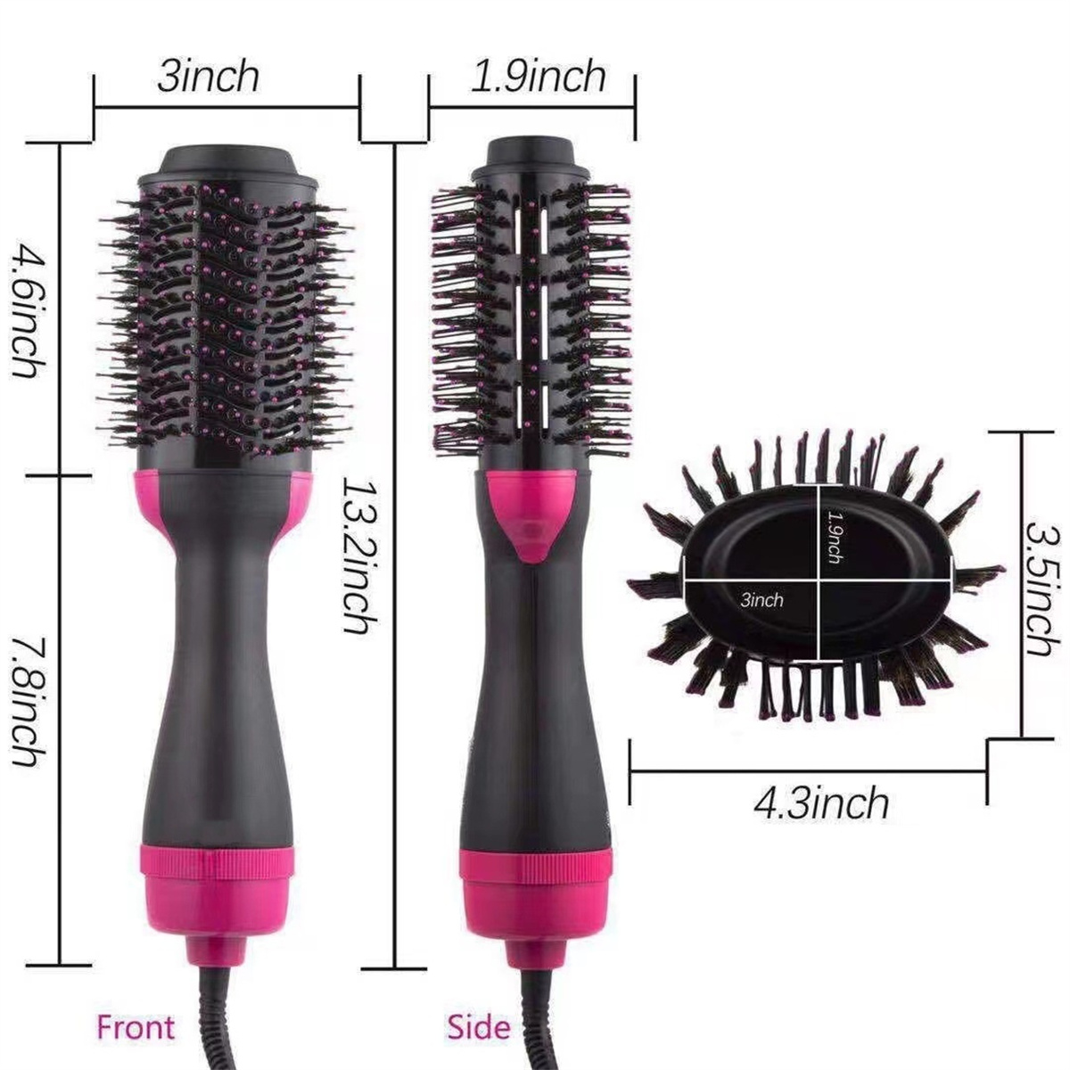 Eine schwarz-rosa Haartrocknerbürste mit Maßen. Vorder- und Seitenansicht sind gezeigt.