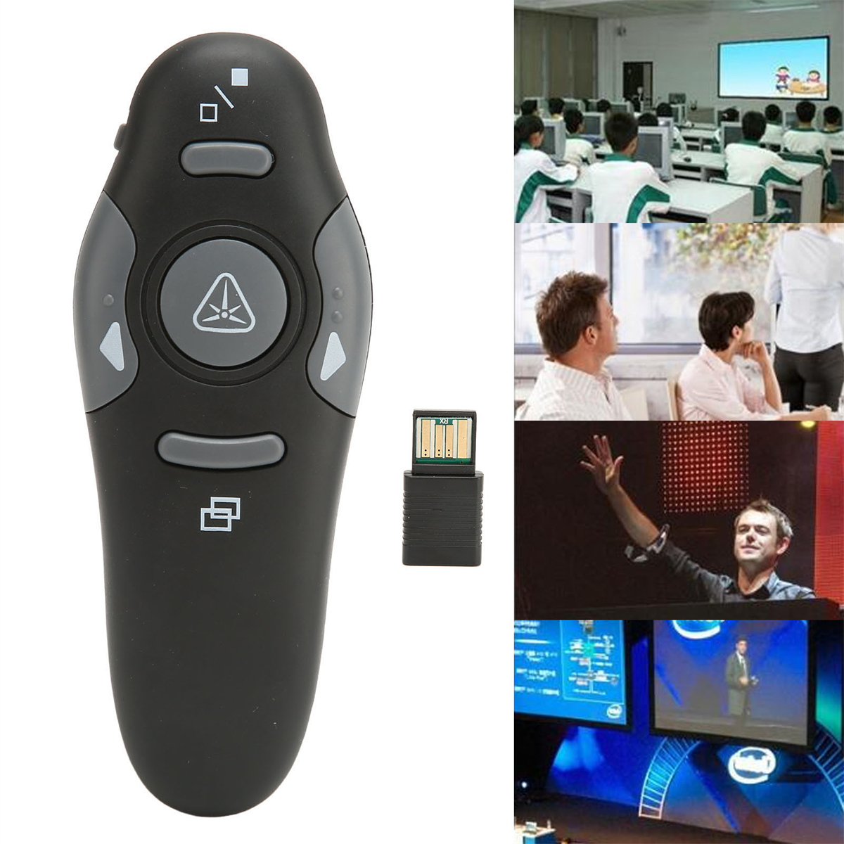 Eine schwarze Fernbedienung mit mehreren Tasten und einem USB-Empfänger. Mehrere Szenen im Hintergrund.
