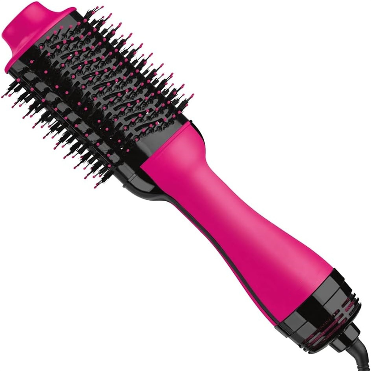Eine pinkfarbene und schwarze Haartrocknerbürste auf weißem Hintergrund.