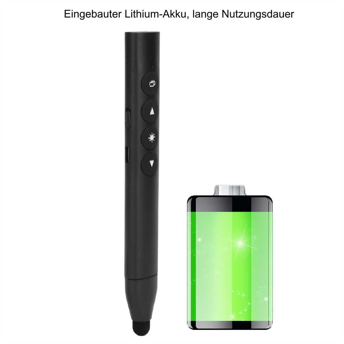 Eine schwarze Präsentationsfernbedienung mit Tasten und einer Batterie, die Leistung anzeigt.