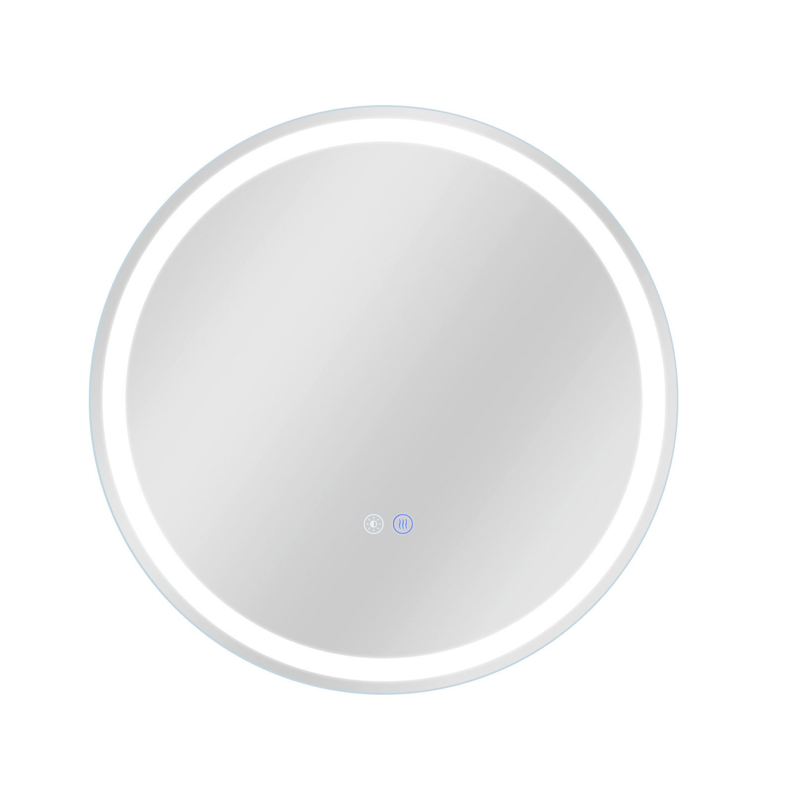 Okrągłe, podświetlane lustro z białym światłem wokół krawędzi. Dwie ikony dotykowe na dole.