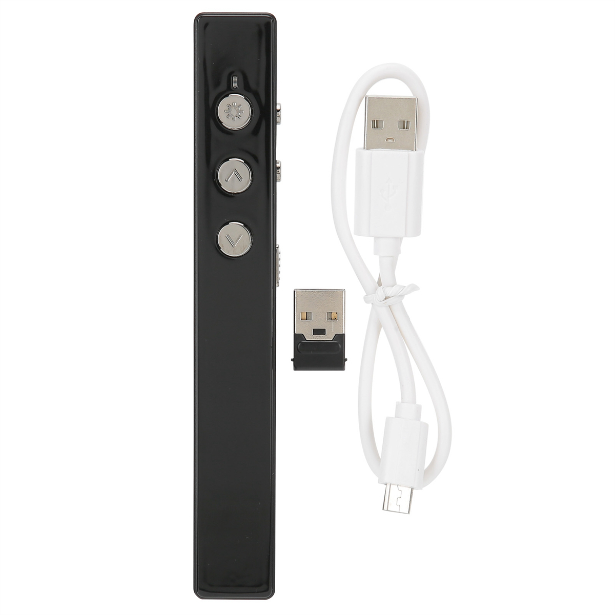 Schwarze Präsentationsfernbedienung mit USB-Empfänger und Ladekabel.