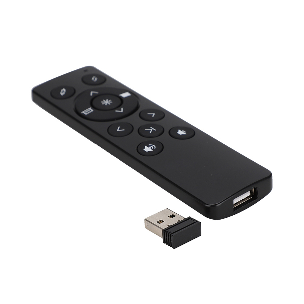 Schwarze Fernbedienung mit mehreren Tasten und einem USB-Empfänger. Es liegt auf weißem Grund.