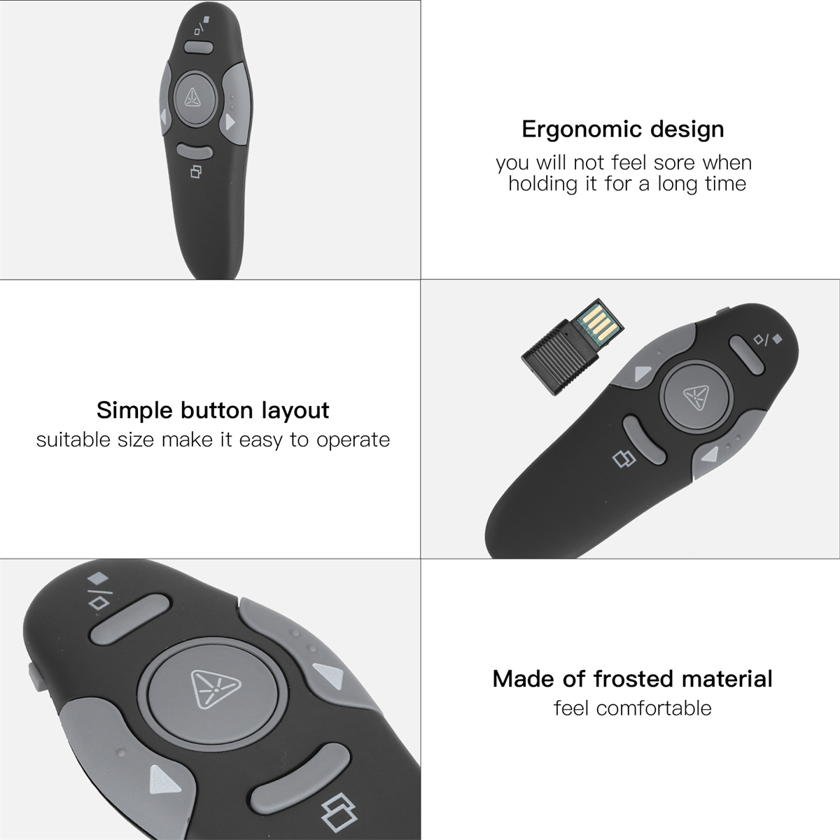 Mehrere Bilder einer schwarzen Fernbedienung. Einfaches Tastenlayout und ergonomisches Design.