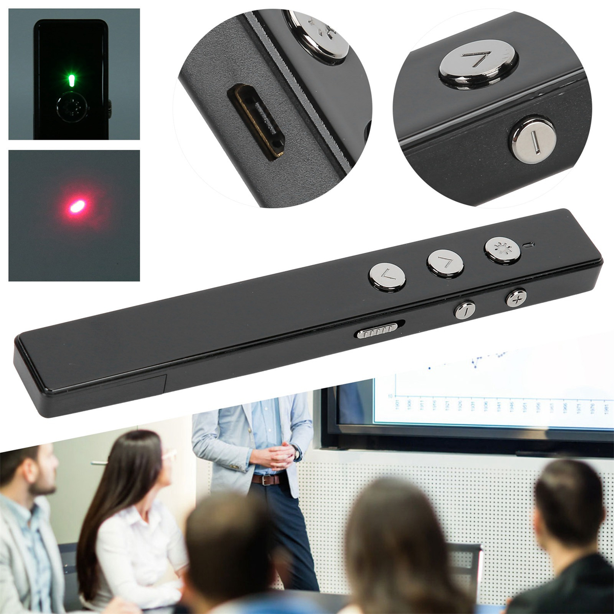 Schwarze Präsentationsfernbedienung mit Tasten und Laserpointer. Personen im Hintergrund.
