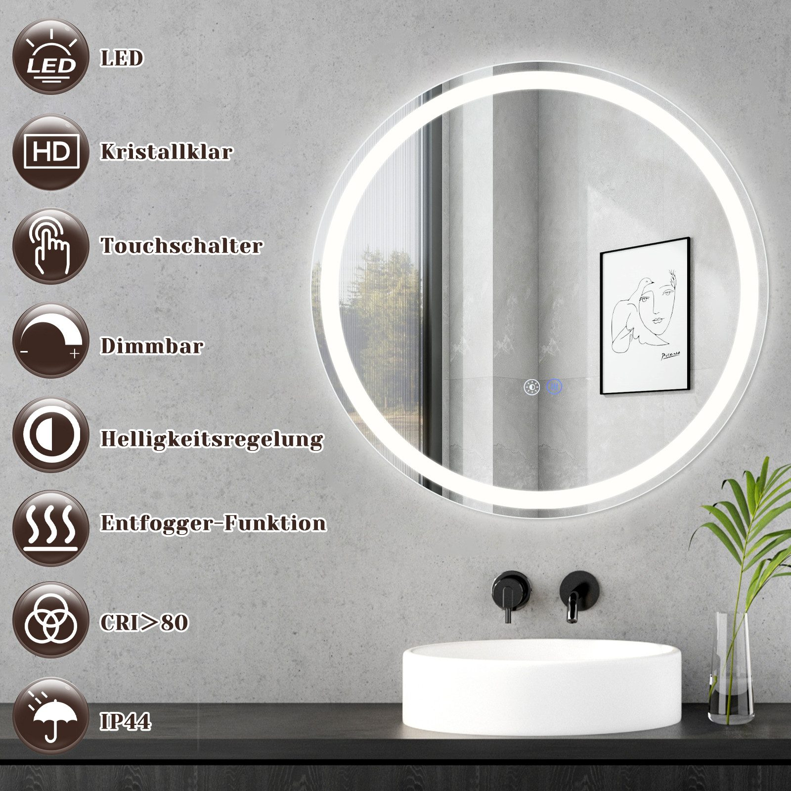 Okrągłe podświetlane lustro łazienkowe z elementami sterowania dotykowego i czarno-białym nadrukiem artystycznym.