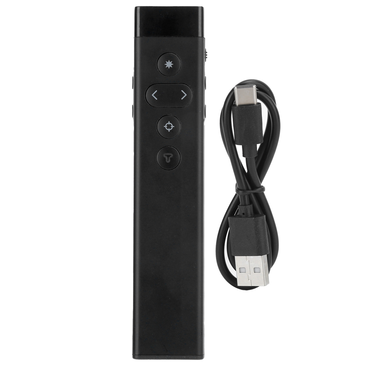 Eine schwarze Präsentationsfernbedienung mit Knöpfen und einem USB-C-Kabel.