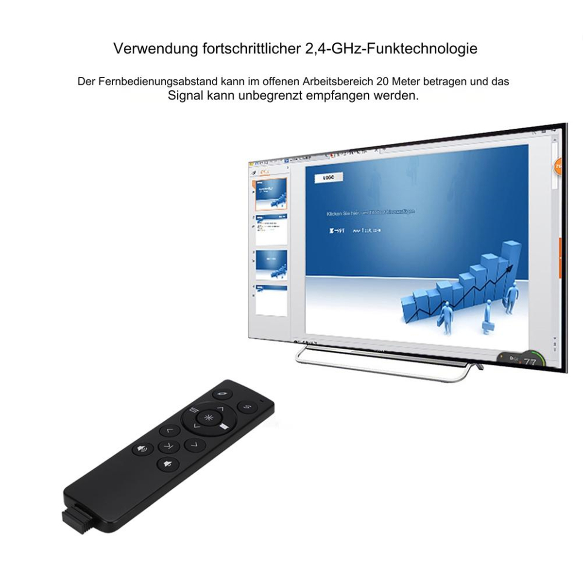 Eine schwarze Fernbedienung, die auf einen Bildschirm zeigt. Der Bildschirm zeigt eine Präsentation mit Grafiken.