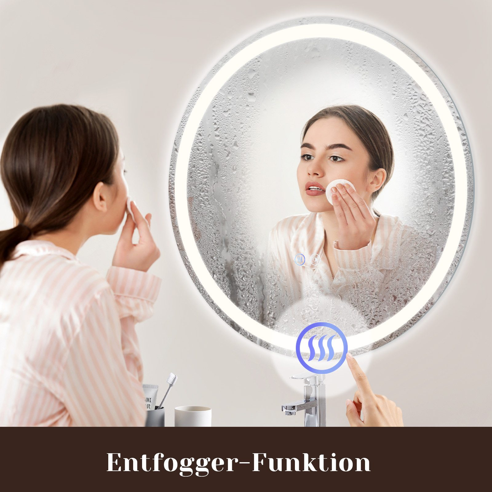 Kobieta używająca wacika na twarzy przed podświetlanym lustrem. Tekst: "Entfogger-Funktion".