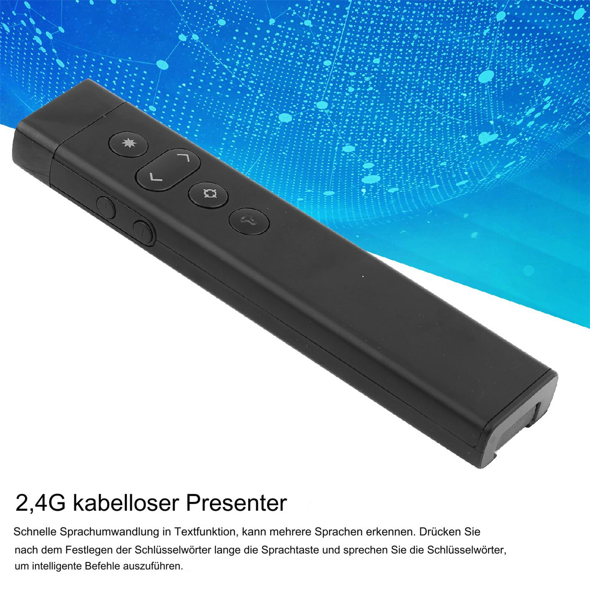 Schwarzer 2,4G-Funk-Presenter. Es hat mehrere Tasten mit Symbolen für Steuerfunktionen.