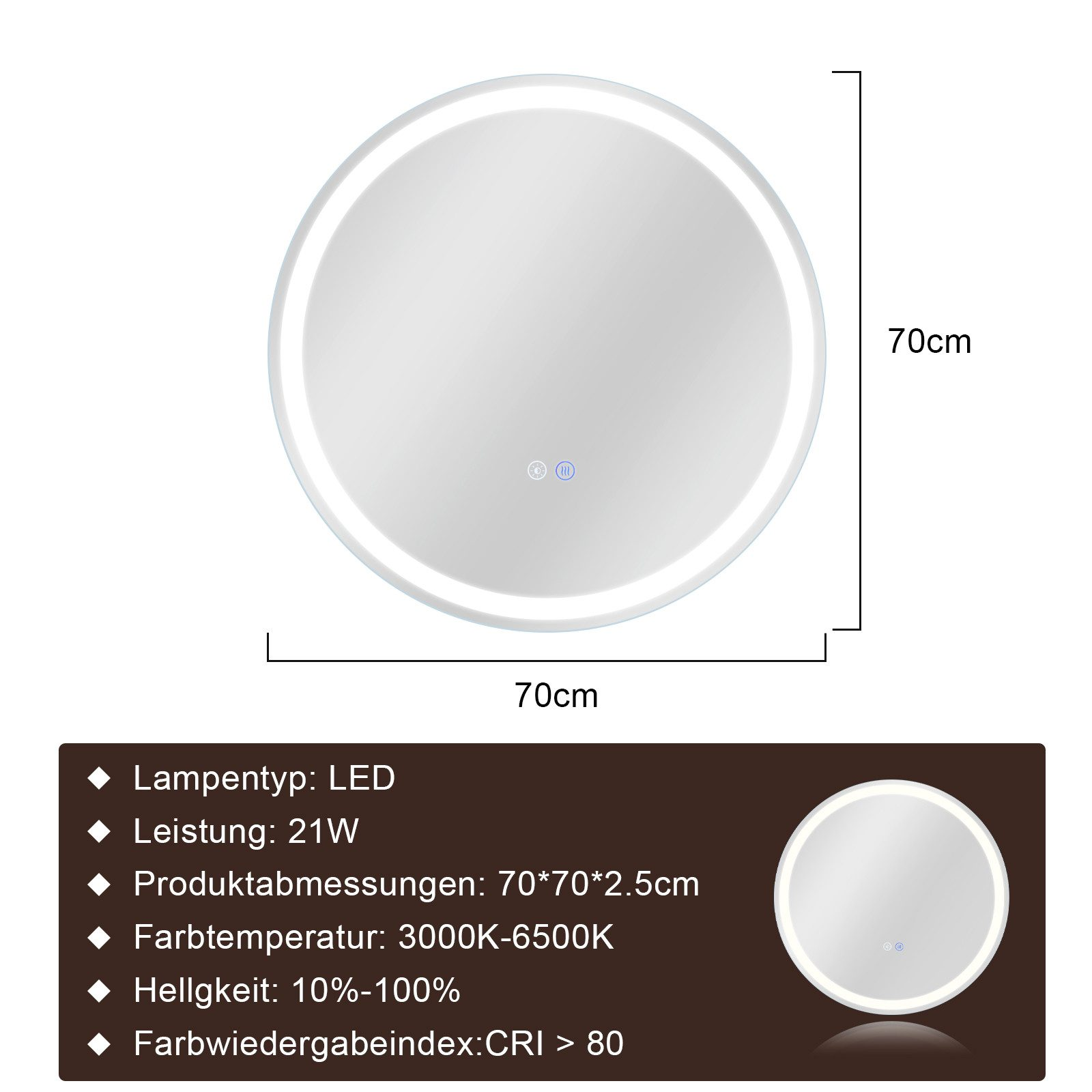 Okrągłe lustro z diodami LED wokół krawędzi. Poniżej szczegóły dotyczące wymiarów i specyfikacji lustra.