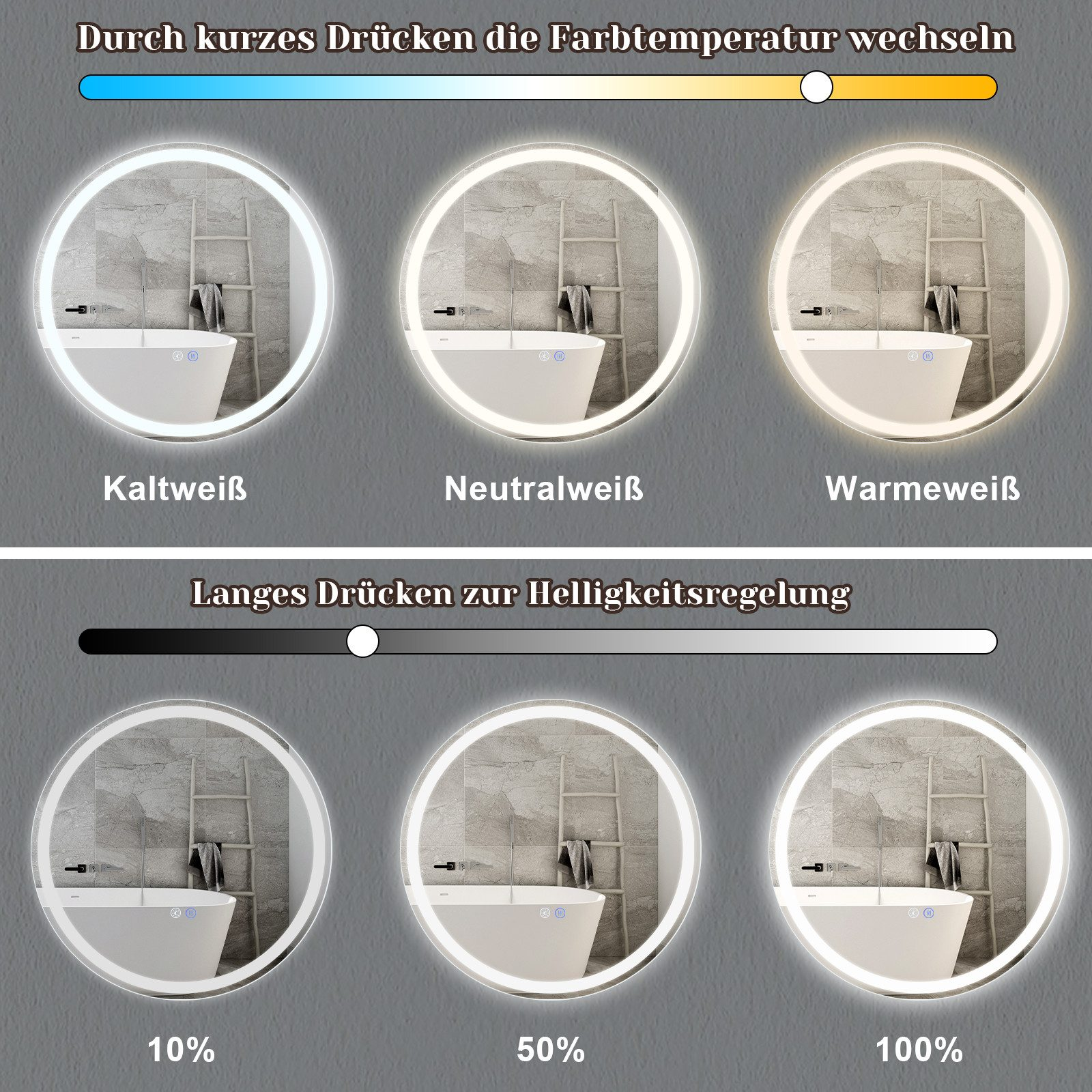 Trzy okrągłe lustra z różnym oświetleniem i ustawieniem łazienki.