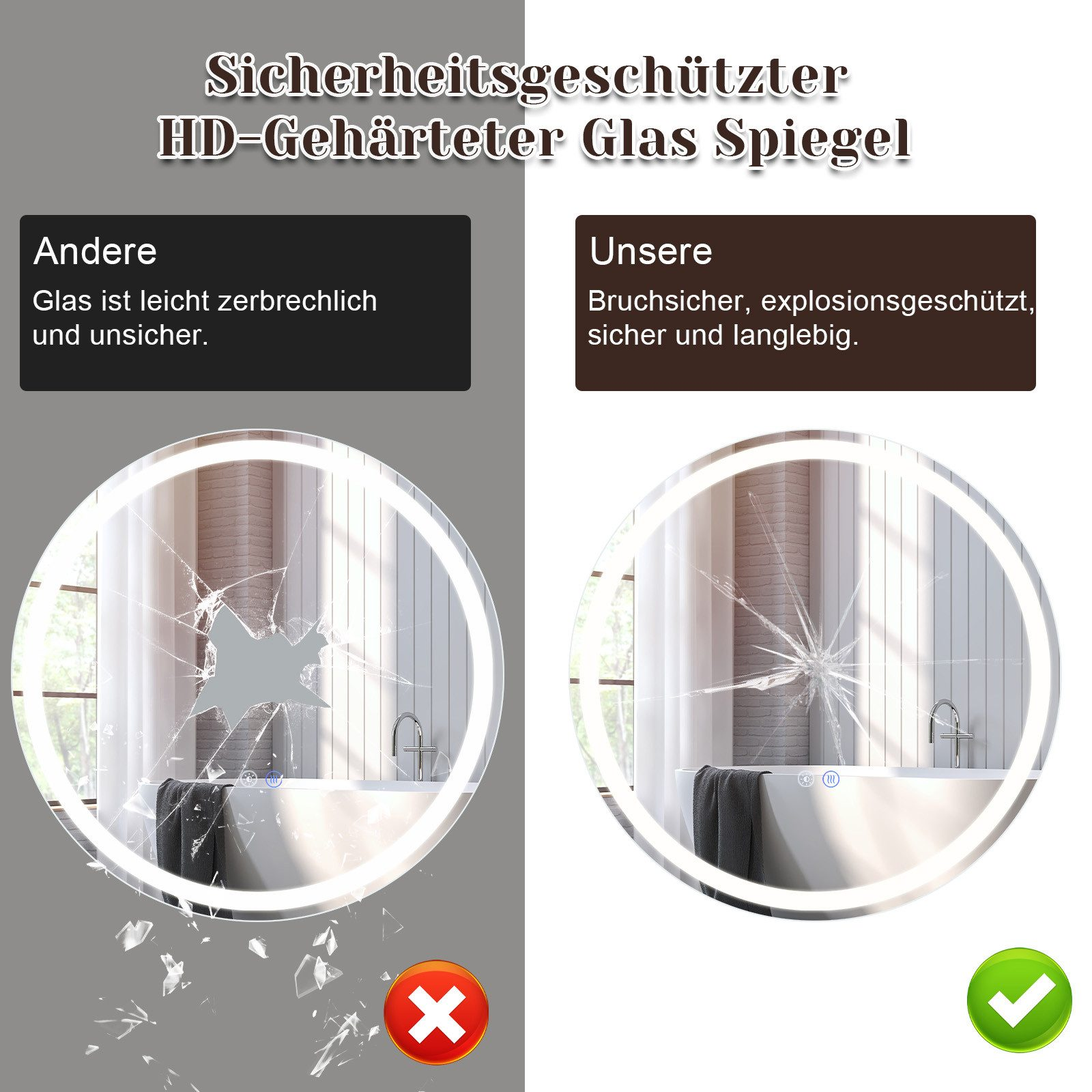 Porównanie bezpiecznych i niebezpiecznych luster. Jedno jest rozbite, drugie nienaruszone w łazience.