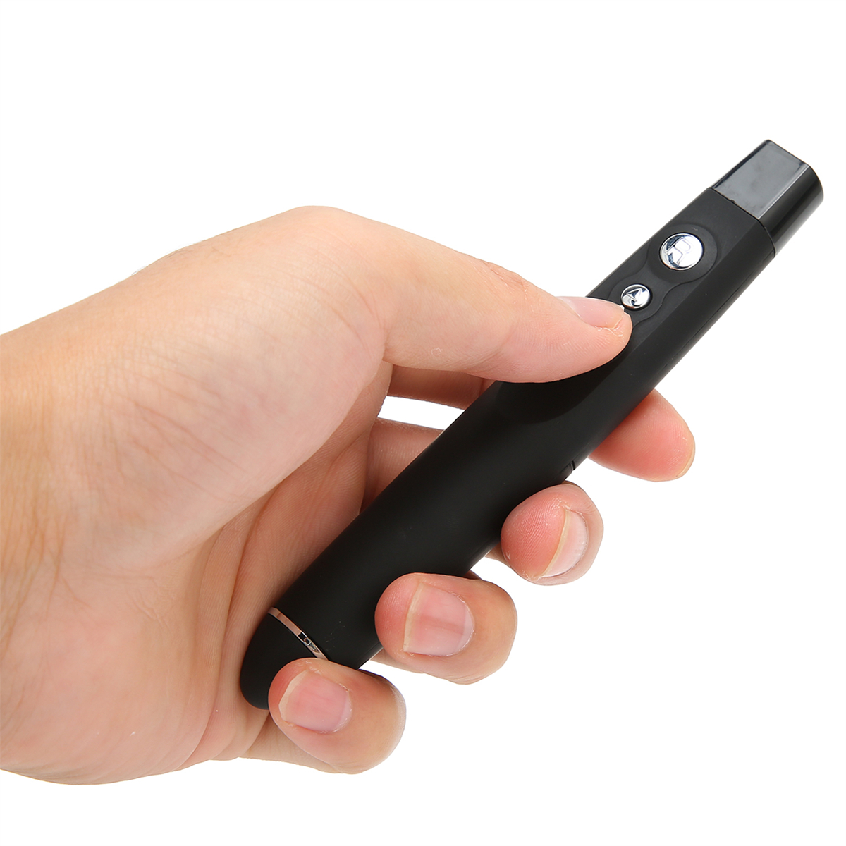 Eine Hand hält einen schwarzen Laserpointer mit zwei Knöpfen. Der Zeiger zeigt nach rechts.