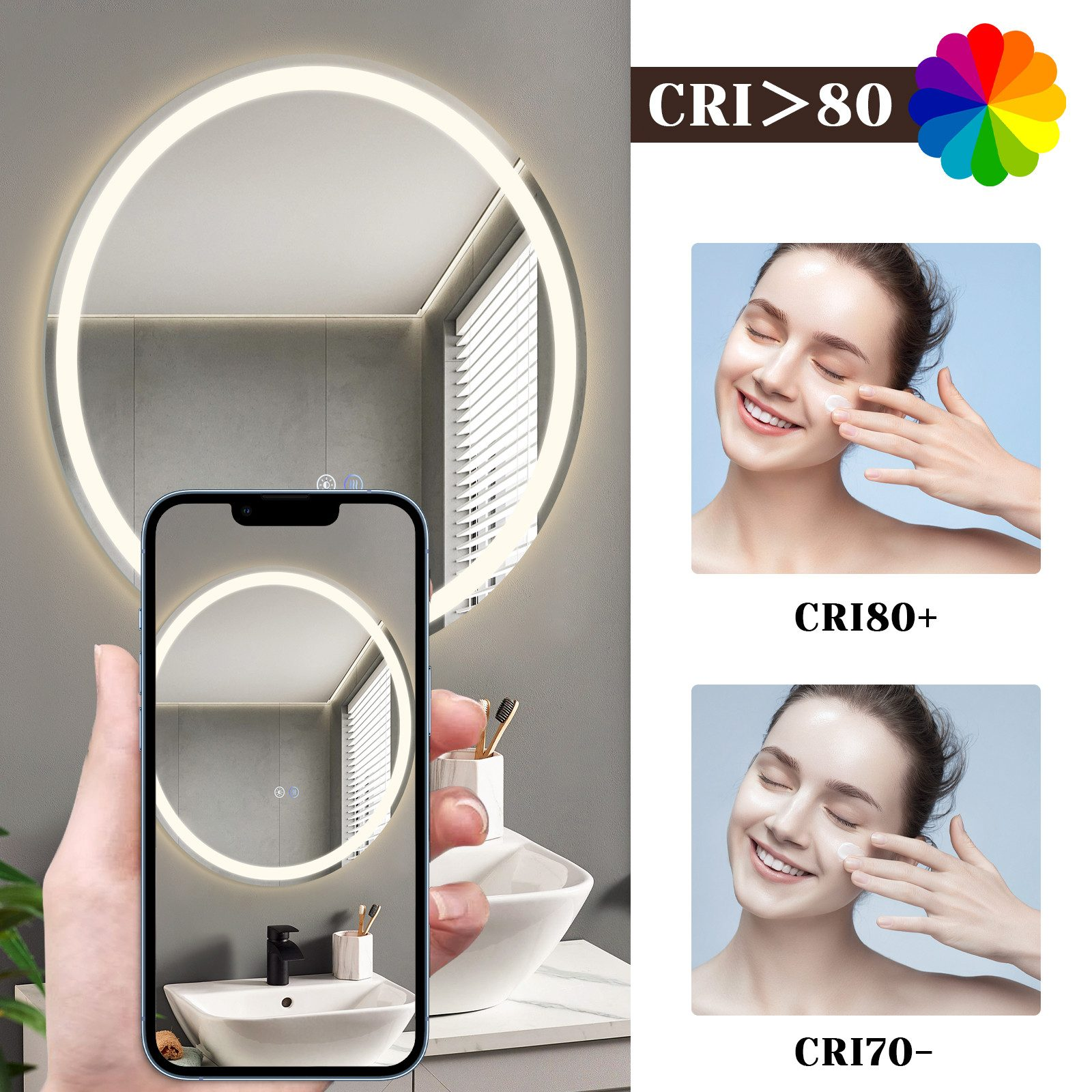 Okrągłe lustro z oświetleniem LED, telefon z odbiciem lustra, kobieta nakładająca krem.