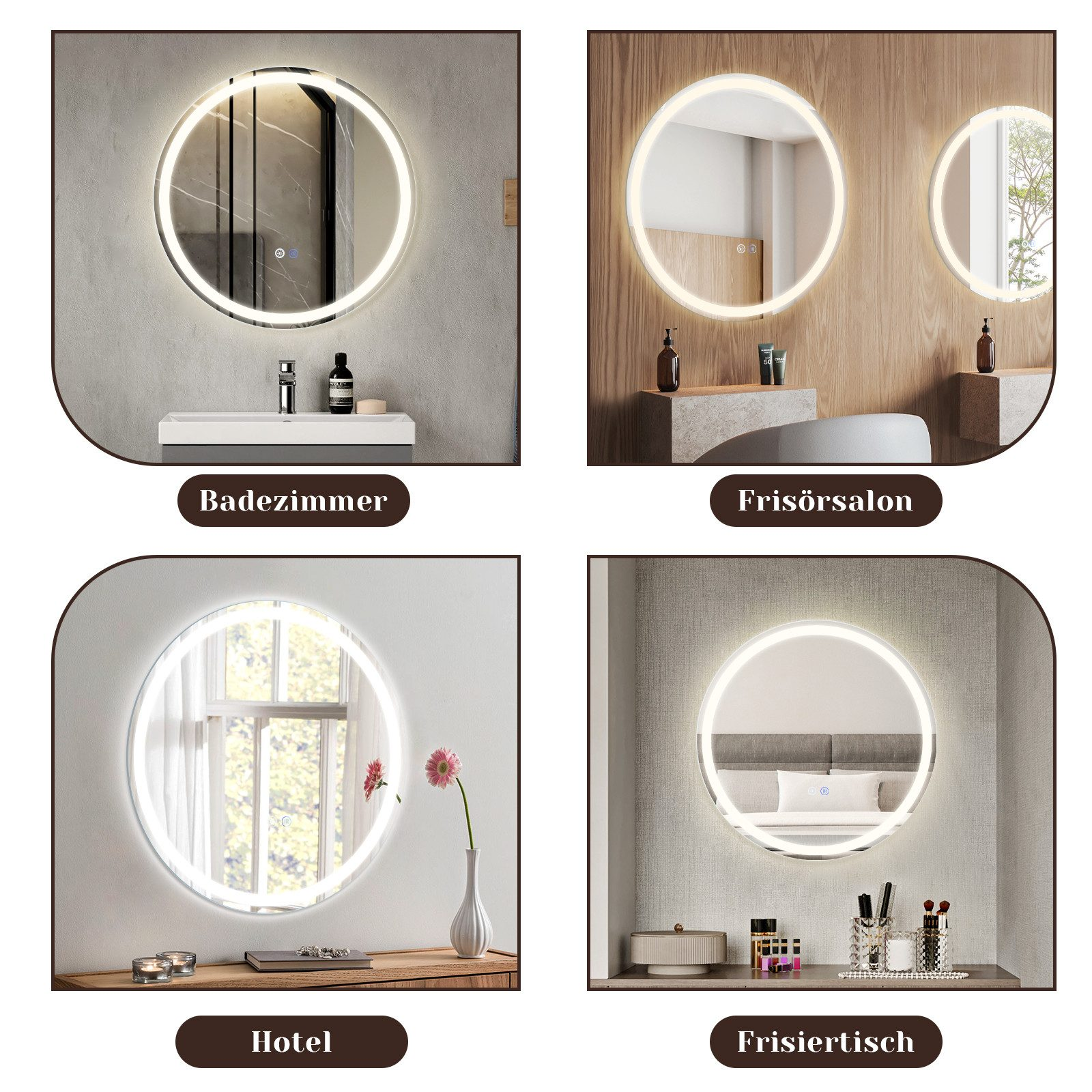 Cztery okrągłe lustra z oświetleniem LED w różnych ustawieniach.