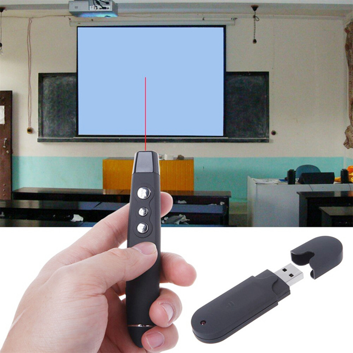 Ein Präsentationszeiger mit Laser, USB-Empfänger und Bildschirm.