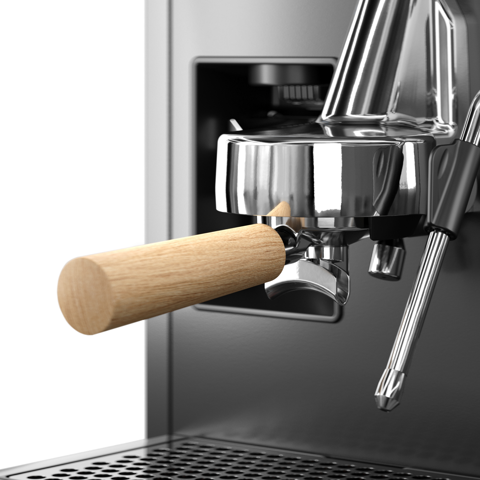 Espressomaschine, Nahaufnahme. Holzgriff, silberne Teile. Weißer Hintergrund. Schwarze Oberfläche.