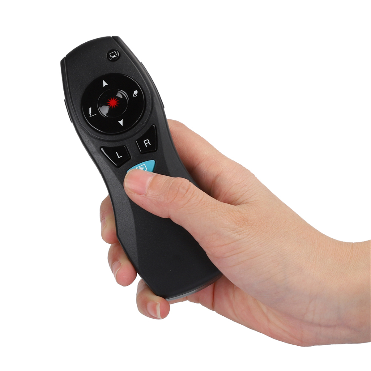 Hand, die eine schwarze Presenter-Fernbedienung mit Tasten für Laserpointer und Navigation hält.