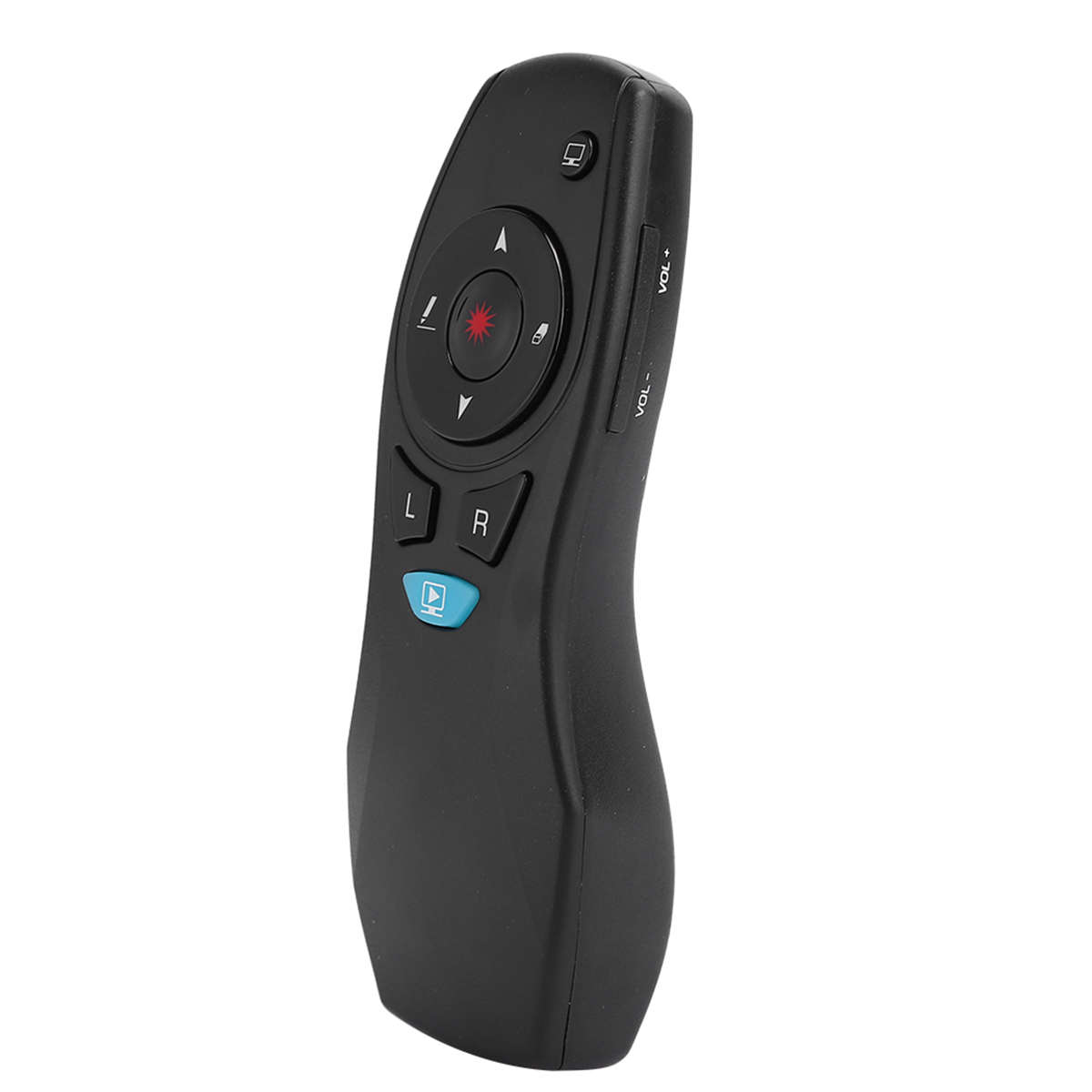Schwarze Präsentationsfernbedienung mit Tasten, einschließlich Laserpointer und Lautstärkereglern.