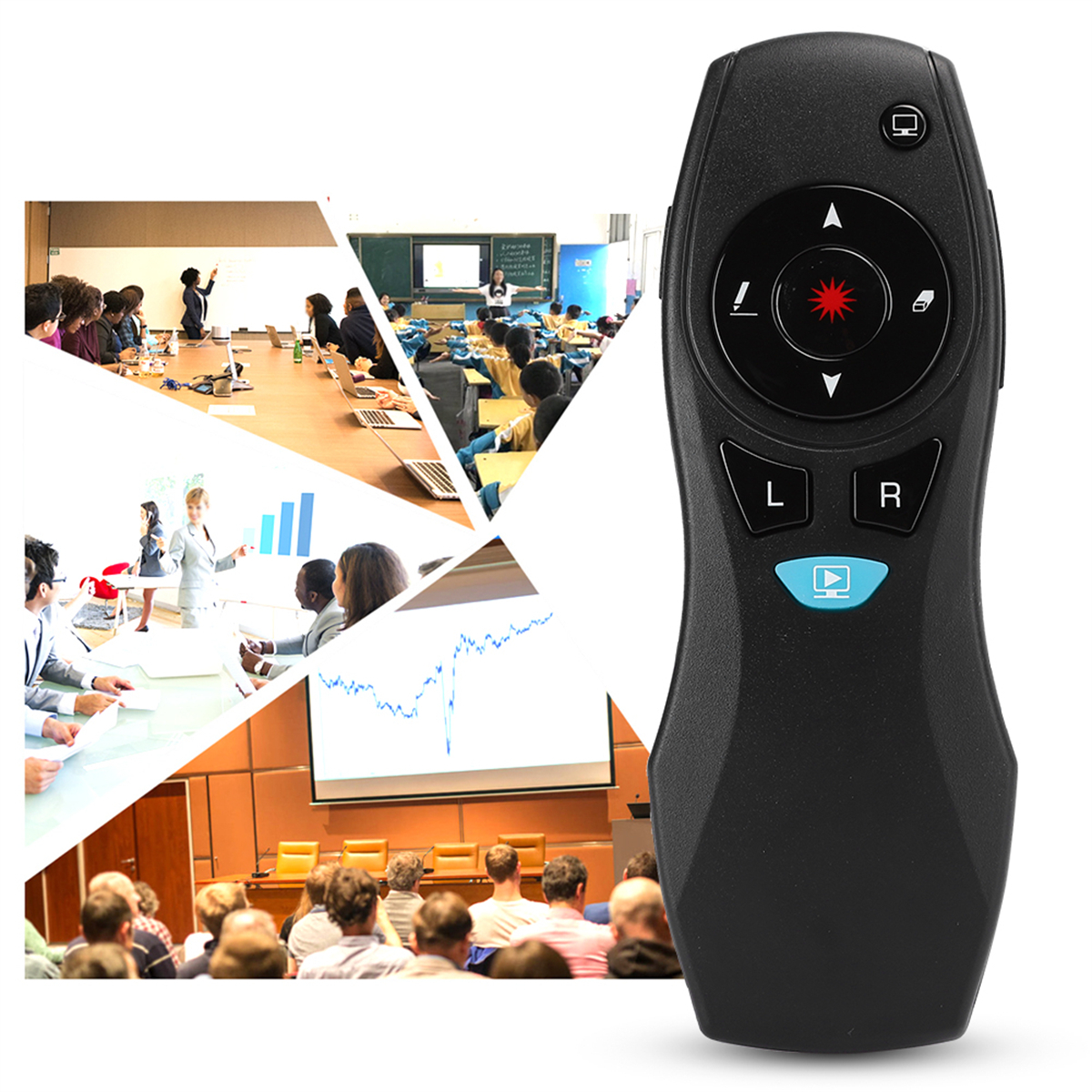 Eine schwarze Präsentationsfernbedienung mit rotem Laserpointer, mit einer Collage von Bildern im Hintergrund.