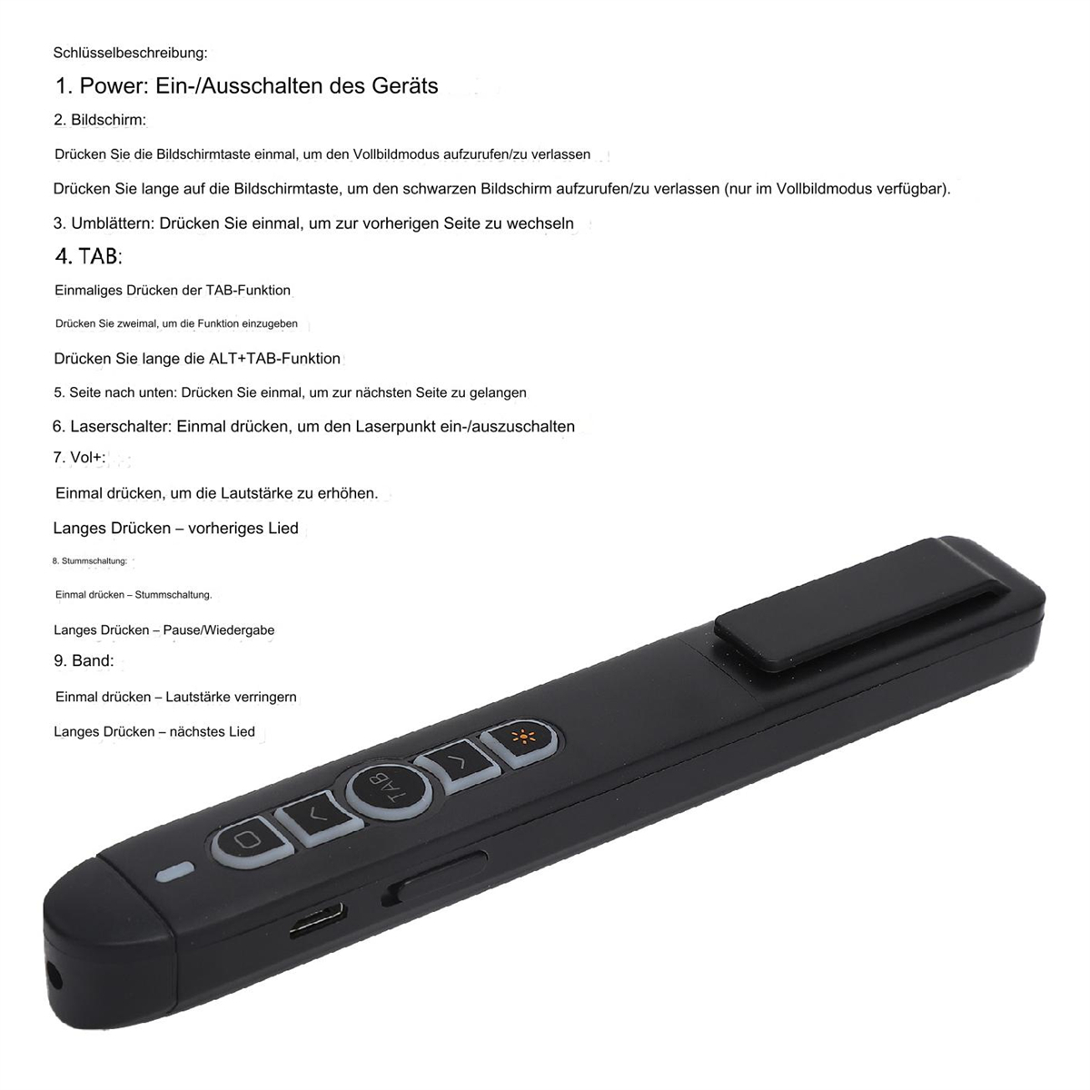 Eine schwarze Präsentationsfernbedienung mit mehreren Tasten. Sie hat einen USB-Anschluss und einen Clip auf der Rückseite.