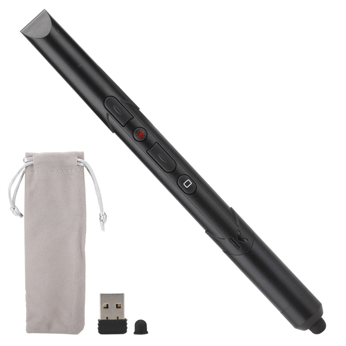 Ein schwarzer Präsentationsstift mit USB-Empfänger und einem kleinen Beutel. Knöpfe und ein rotes Licht sind sichtbar.