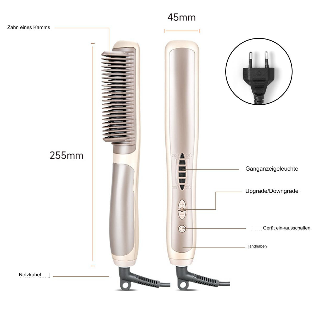Haarglättungsbürste, weiß und beige, mit Abmessungen und Bedienelementen. Schwarzes Netzkabel.