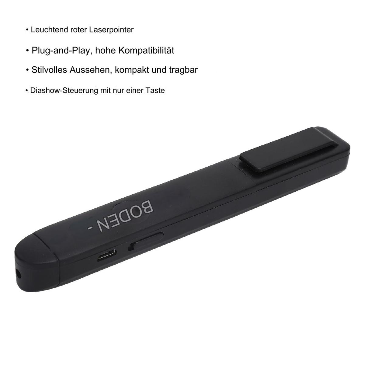 Ein schwarzer Laserpointer mit Text. Es hat eine Taste und einen USB-Ladeanschluss. Weißer Hintergrund.