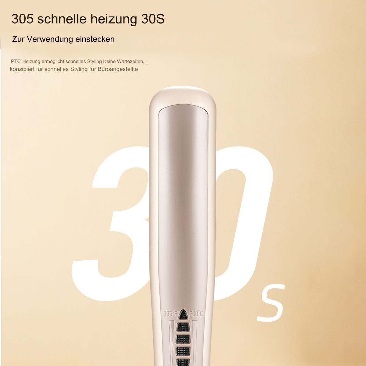 Haarglätter mit Einstellungen sichtbar, Digitalanzeige, weiß und goldfarben.